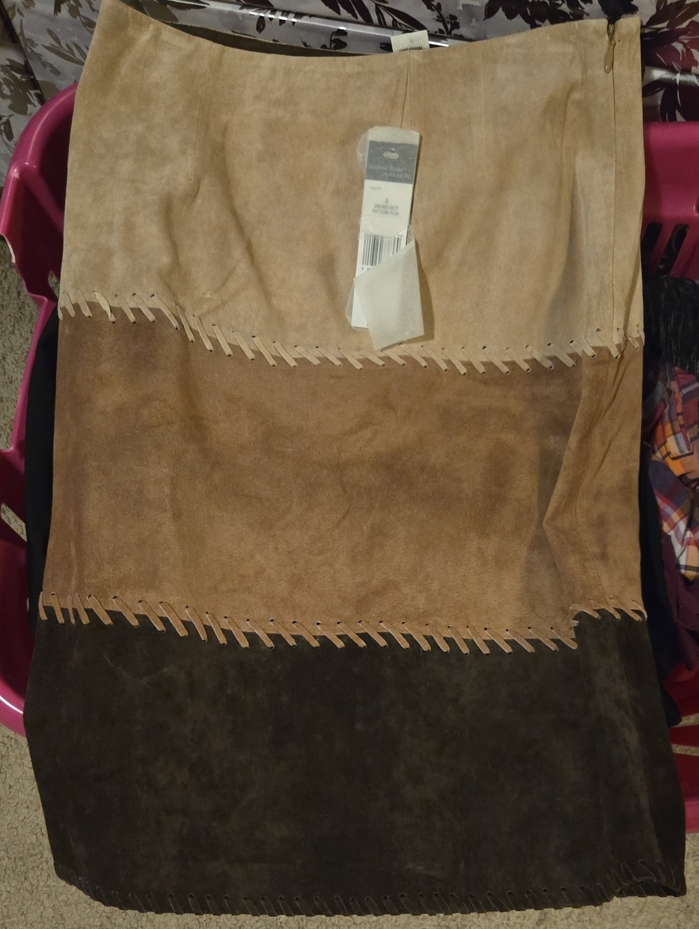 Madison Studio Three-Panel Suede Midi Skirt in Tan, Brown, Dark Brown